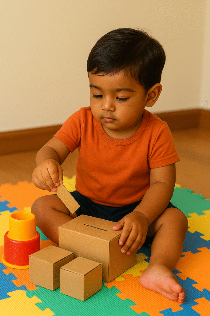 child playing with cardboard boxes as DIY toys instead of screentime